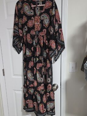 Boho Paisley Tiered Maxi Dress - Black with Multicolor Print